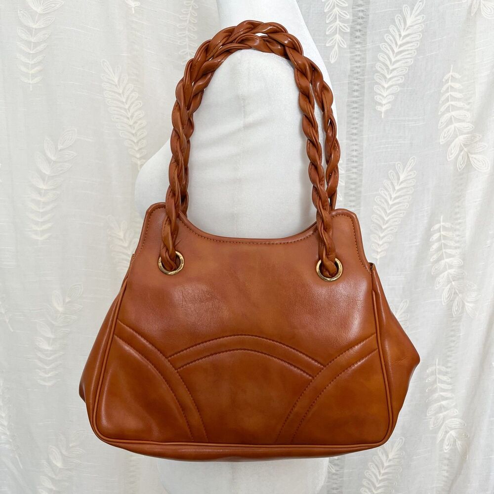 Vintage 60s/70s Vinyl Camel Brown Bag with Twist Braid Handels